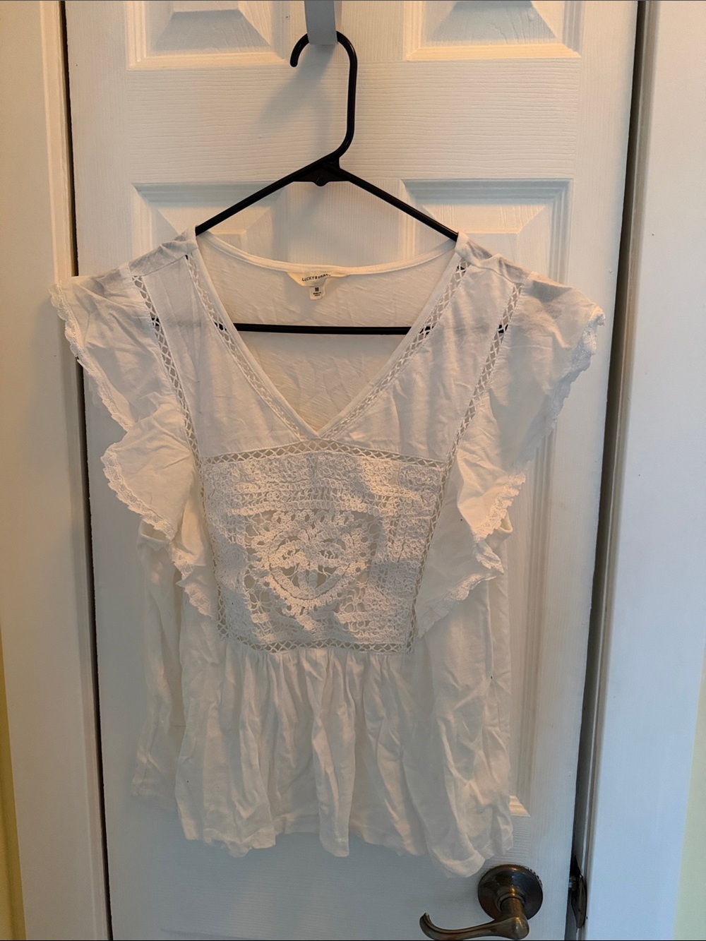 Lucky Brand White Crochet Peasant V-Neck Ruffle Sleeve Top